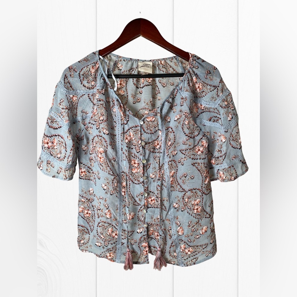 NWOT Knox Rose Tops Blouse Women XS Floral Sheer Tassel Button Up Shirt